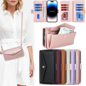 Woman Leather Case Card Wallet Crossbody Bag Phone Cover for iPhone Samsung - Bild 1 von 17