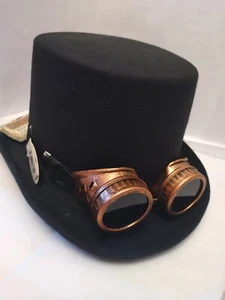 BLACK FELT TOP HAT Steampunk with Googles Adult - Picture 1 of 3