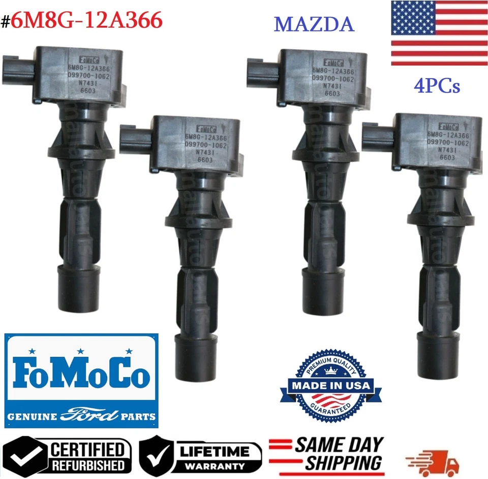 ✅GENUINE FoMoCo 4x Ignition Coils For 2006-2013 MAZDA 3 6 CX-7 I4 #6M8G-12A366 - Image 1 of 2
