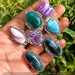 Moss Agate & Mix Gemstone 925 Sterling Silver Plated Wholesale Fancy Rings Lot - Picture 1 of 3