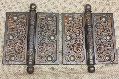 2 Old Door Hinges 3 1/2 X 3 1/2” Cannon Ball Top Clean Vintage Cast Iron Vines Cover