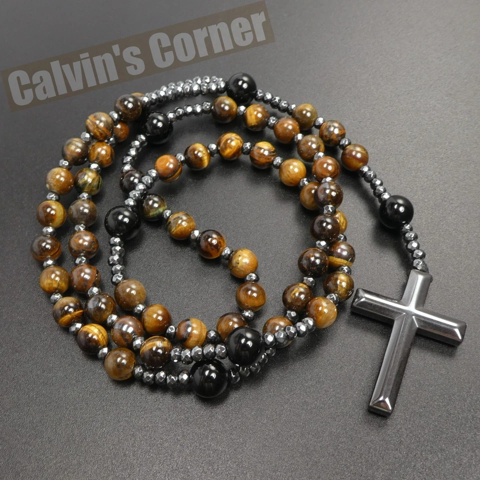 Tiger Eye Black Onyx Hematite Cross Rosary Necklace Long Catholic Men Women Gift - Image 1 of 4