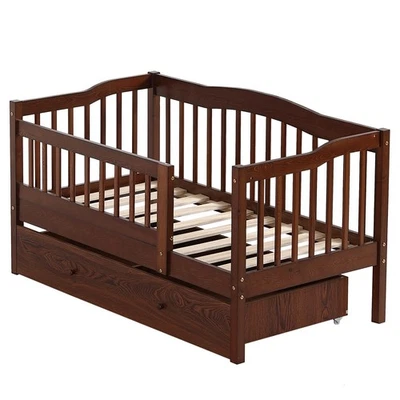 Детская кровать из массива дерева с поручнями и ящиком для хранения для спальни 3 цвета - Изображение 1 из 4