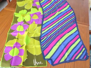 Vtg Antik Lot of 2 Mod Vera Echo Ladies Silk Scarves Purple Gold Green Hand Roll - Picture 1 of 4