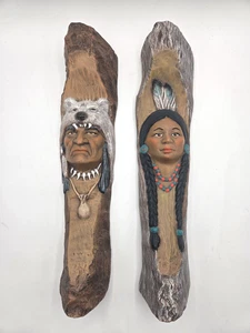 Vintage Hanni Keramik Indianer Häuptling Mann & Frau Wandtafeln Holzoptik - Bild 1 von 10