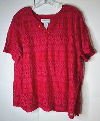 Alfred Dunner Petite XL Red Lace Top Jeweled Beaded Neck Short Sleeve Lined - Image 1 of 4