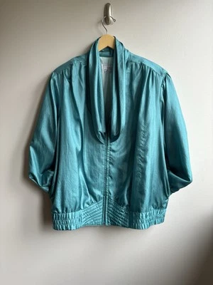 Chaqueta Bomber Años 80 De Colección M Verde Azulado Artístico Retro Capucha Cuello Pintado a Mano Floral Glamour Foto 1 de 4