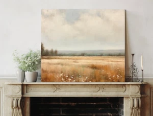 Vintage Countryside Landscape Muted Neutral Colour Canvas Print Wall Hanging Art - Picture 1 of 8