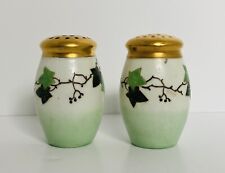 Antique Handpainted Salt & Pepper Shakers Green Ivy Signed Shaw Gold Rim