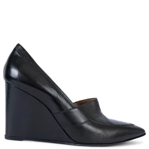 69405 auth HERMES black leather POINTED TOE WEDGE Pumps Shoes 39 - Picture 1 of 7