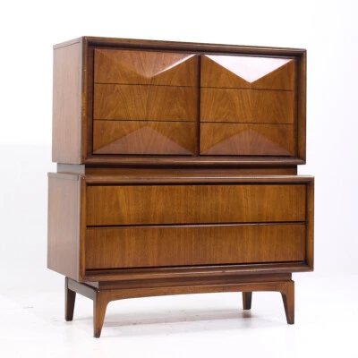 United Furniture Mid Century Diamond Walnut Highboy Dresser - Image 1 of 4