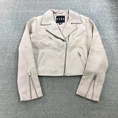 Chaqueta de Cuero Veda Mujer Pequeña Clásica Cuero Moto Chaqueta Rosa Cabra Gamuza B5 Foto 1 de 4