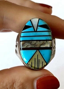 Vintage Native American Inlay Multi Stone Men's Ring Sterling Silver Size 12.5 - Picture 1 of 12