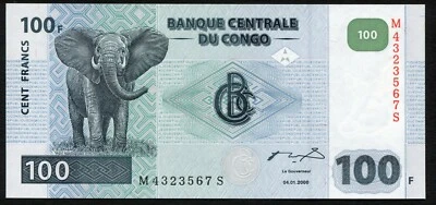 Congo DR 100 francs 2000.04.01. Elephant & D'Inga II Dam P92a G&D Print UNC - Image 1 of 4