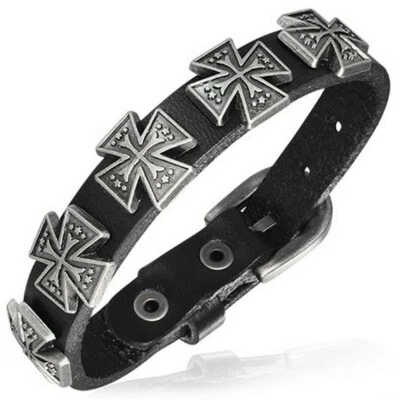 Pulsera envolvente ajustable de cuero negro tono plateado maltés con eslabones cruzados Foto 1 de 2