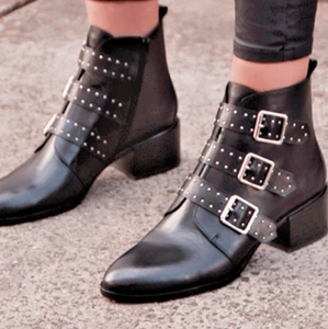 Jo Mercer Ankle Boots Black leather 3 straps, buckles, studs zip closure NWOT - Picture 1 of 12