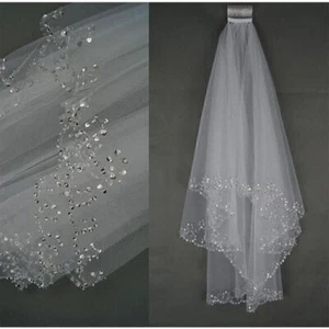 Nuovo velo da sposa 2 strati bianco/avorio lunghezza gomito perline bordo matrimonio con pettine - Foto 1 di 4