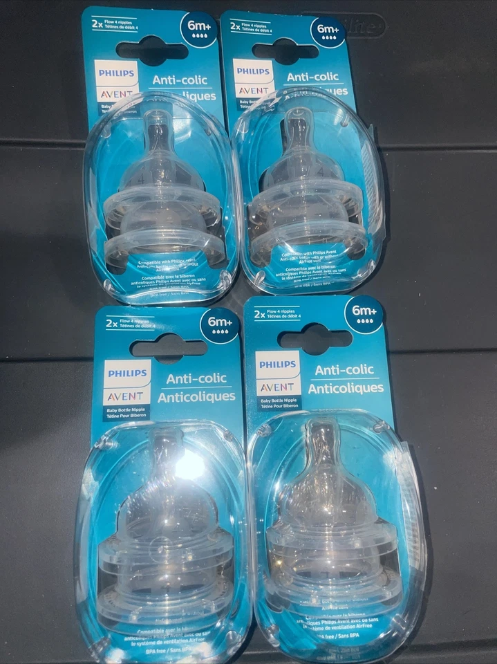 Philips Avent Anti-Colic Lot Of 4 ~ 2Ct Total Of 8 Baby Bottle Fast Flow Nipple  - Image 1 of 2