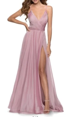 NWT La Femme Womens Chiffon Ballgown Size 4 Slit Pleated Bodice Thigh Slit Mauve - Image 1 of 4