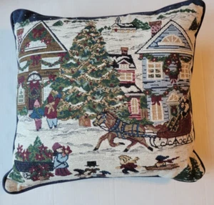 Christmas Tapestry Throw Pillow Victorian Children Horse Sleigh Holidays Winter - Picture 1 of 13