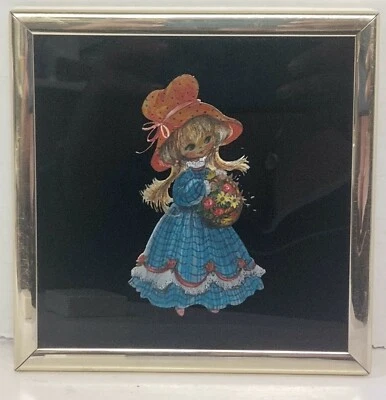 Vintage Kafka Metallic Art Framed Foil Picture Girl In Bonnet 6x6  - Image 1 of 2