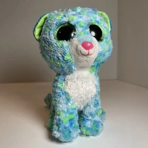 Ty Beanie Boos Leona Blue and Green Cat w/ Green Eyes Gently Used Plush 2017 - Picture 1 of 7