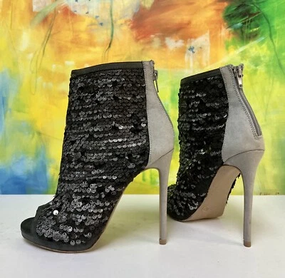 Botas sexy chique WILD DIVA Rare2Find lantejoulas pretas camurça salto peep-toe 6.5 - Imagem 1 de 4