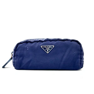 PRADA Nylon Purse Logo Navy Triangle Cosmetic Pouch Authentic From Japan - Picture 1 of 12