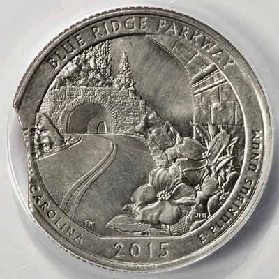 2015 ANACS MS63 Curved Clip Blue Ridge Parkway Quarter Mint Error Very Rare - Image 1 of 4