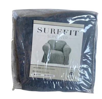 SureFit 盒子椅懒人沙发套宽松版型烟蓝色柔软麂皮绒适合 32 英寸 - 43 英寸全新 — 第 1/4 张图片