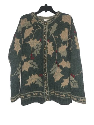 Cardigã vintage 97 Susan Bristol Shetland lã azevinho baga férias suéter verde G - Imagem 1 de 4