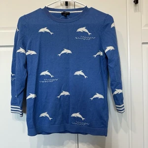 Talbot’s Petites Damen kleiner blauer Pullover Oberteil mit weißen Delfinen, Coastal - Bild 1 von 8