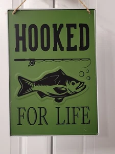 Hooked For Life Fishing Hanging Sign 8X11 Gift Idea New Decor - Picture 1 of 9