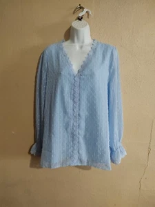 NEW NWT Baby Blue Swiss Dot Lace Blouse SZ Large Anyfit Wear Sheer Puff Sleeves - Picture 1 of 17