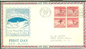 USA 1932 Olympic Games Lake Placid Olympic cover with first day on block of 4 - Picture 1 of 1