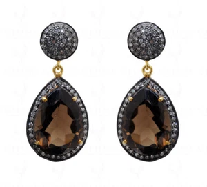 White Topaz & Smoky Quartz Gemstone Studded 925 Solid Silver Earrings - Picture 1 of 3