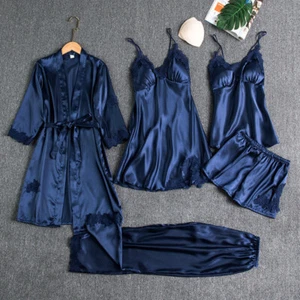 5PC Silk Womens Lace Satin Gown Set V-Neck Nighties Wear Home Nightdress Spring - Picture 1 of 18