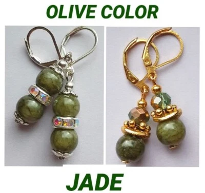 OLIVE color JADE earrings handcrafted SP or GP CHOOSE XJ2 - Image 1 of 3