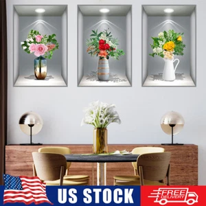 3 pcs 3D Flowers Vase Vinyl Stickers Living Room Wall Decals Home Decor (Set A) - Picture 1 of 10