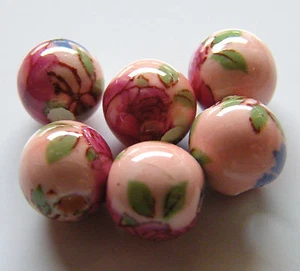 30pcs 8mm Round Porcelain/Ceramic Beads - Peach / Dark Pink Flowers - Picture 1 of 5