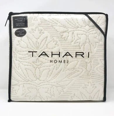 Tahari Damask Medallion Cotton Quilted Textured Duvet Cover Set Ivory King Queen - Image 1 of 4