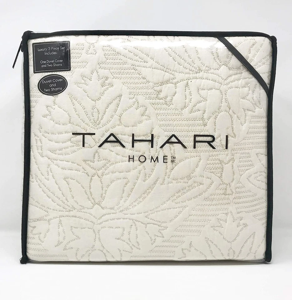 Tahari Damask Medallion Cotton Quilted Textured Duvet Cover Set Ivory King Queen - Image 1 of 4