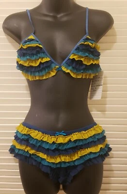 SUJETADOR BRALETTE CON VOLANTES DE MALLA AZUL/VERDE/AMARILLO MIEL RUMBA BOYSHORT CONJUNTO PANTY M Foto 1 de 2