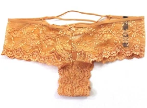 Panty Victoria's Secret con cordones de encaje transparente descarado naranja talla L dorado tierra - Imagen 1 de 4