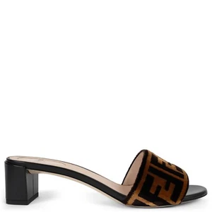 72143 auth FENDI bronze & black ZUCCA LOGO VELVET MULE Sandals Shoes 37 - Picture 1 of 8