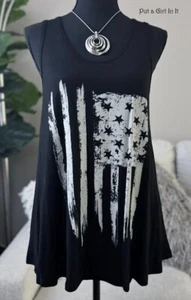 USA VOCAL Womens BLACK WHITE AMERICAN FLAG SWING A LINE TANK TOP SHIRT S M L XL - Picture 1 of 6