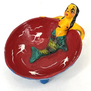 Arte popular mexicano sirena concha de coco cuenco con patas pescado de cerámica pintado a mano - Imagen 1 de 12