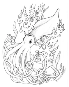 FLAMMENDER TINTENFISCH ZEICHNUNG PHOENIX & ARABETH MARITIMES WASSERWESEN MEERESWESEN KUNSTDRUCK - Bild 1 von 1
