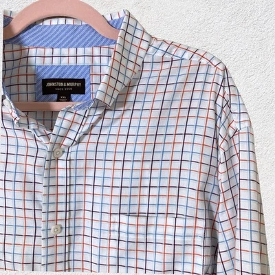 Johnston & Murphy XXL Cotton Check Shirt Blue Orange Grid Casual Classic Style - Image 1 of 4