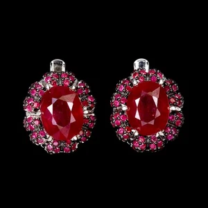 925 Sterling Silver Earrings Oval Ruby 9x7mm Ruby Round Myanmar Gemstone - Picture 1 of 13